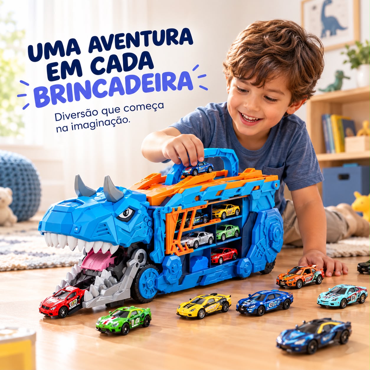 Caminhão Dinossauro 4 em 1 com Pista e Lançador Potente • Acompanha 6 Carrinhos de Metal