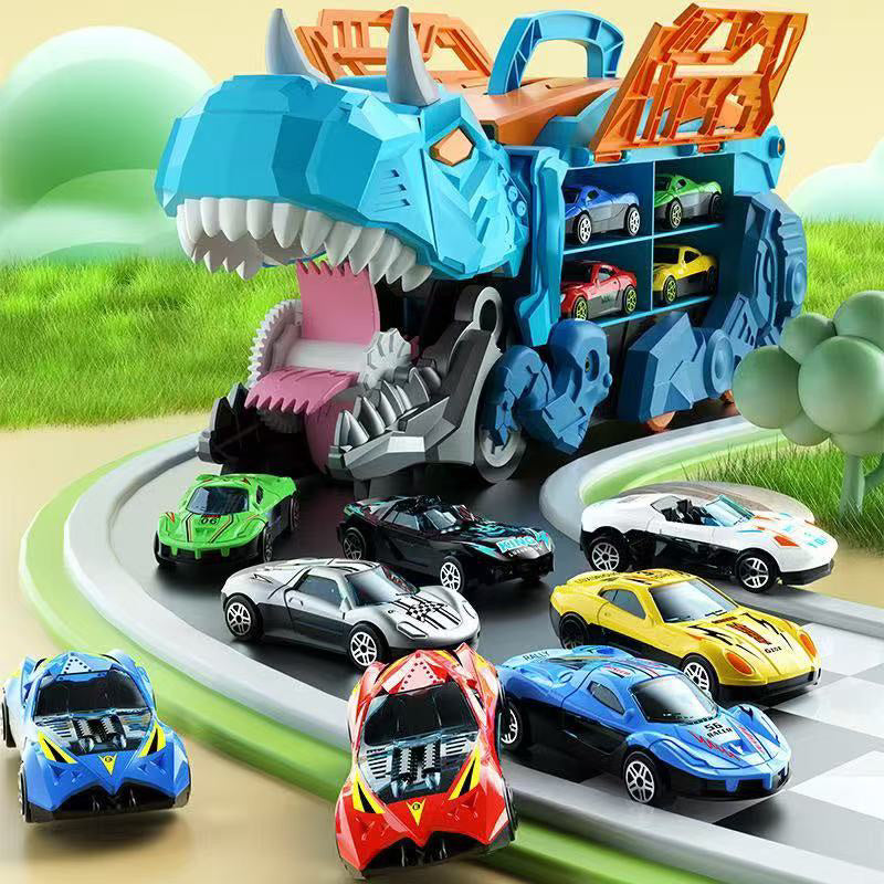 Caminhão Dinossauro 4 em 1 com Pista e Lançador Potente • Acompanha 6 Carrinhos de Metal