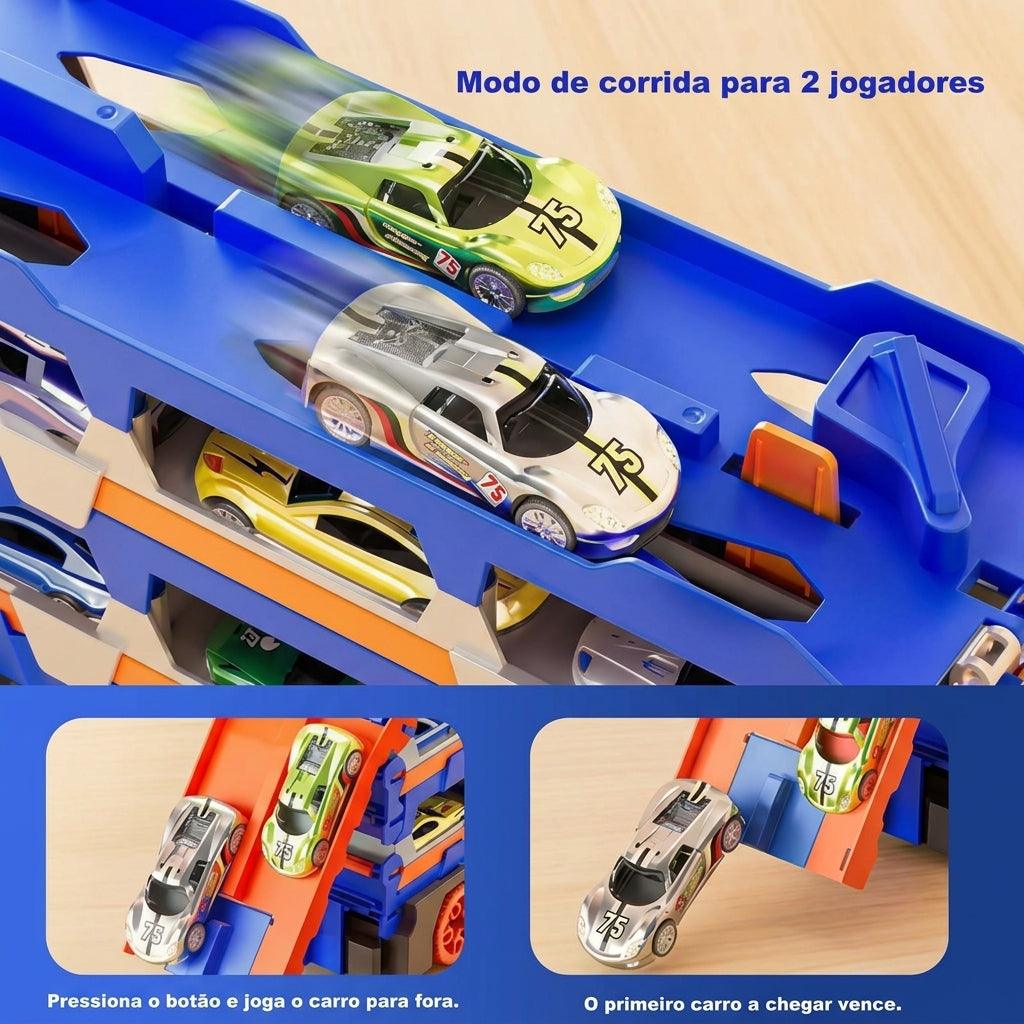 Caminhão Dinossauro 4 em 1 com Pista e Lançador Potente • Acompanha 6 Carrinhos de Metal