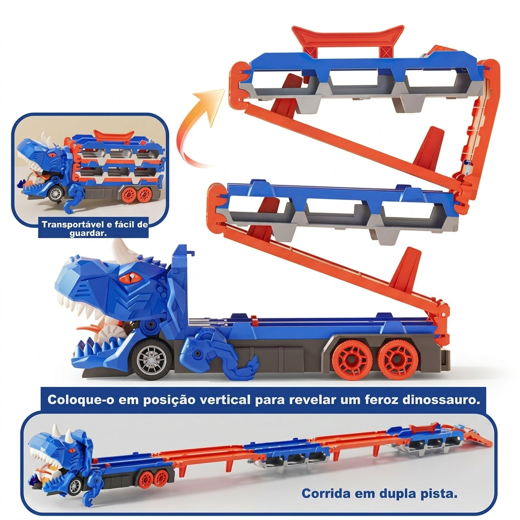Caminhão Dinossauro 4 em 1 com Pista e Lançador Potente • Acompanha 6 Carrinhos de Metal