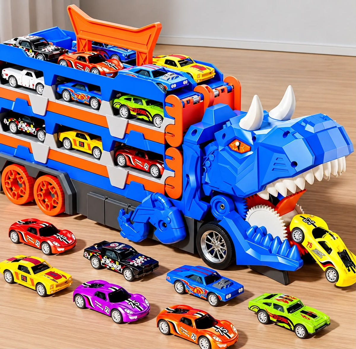 Caminhão Dinossauro 4 em 1 com Pista e Lançador Potente • Acompanha 6 Carrinhos de Metal
