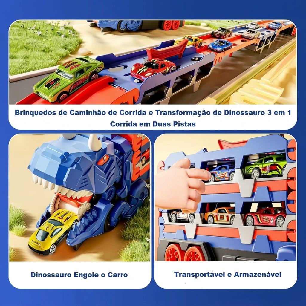 Caminhão Dinossauro 4 em 1 com Pista e Lançador Potente • Acompanha 6 Carrinhos de Metal